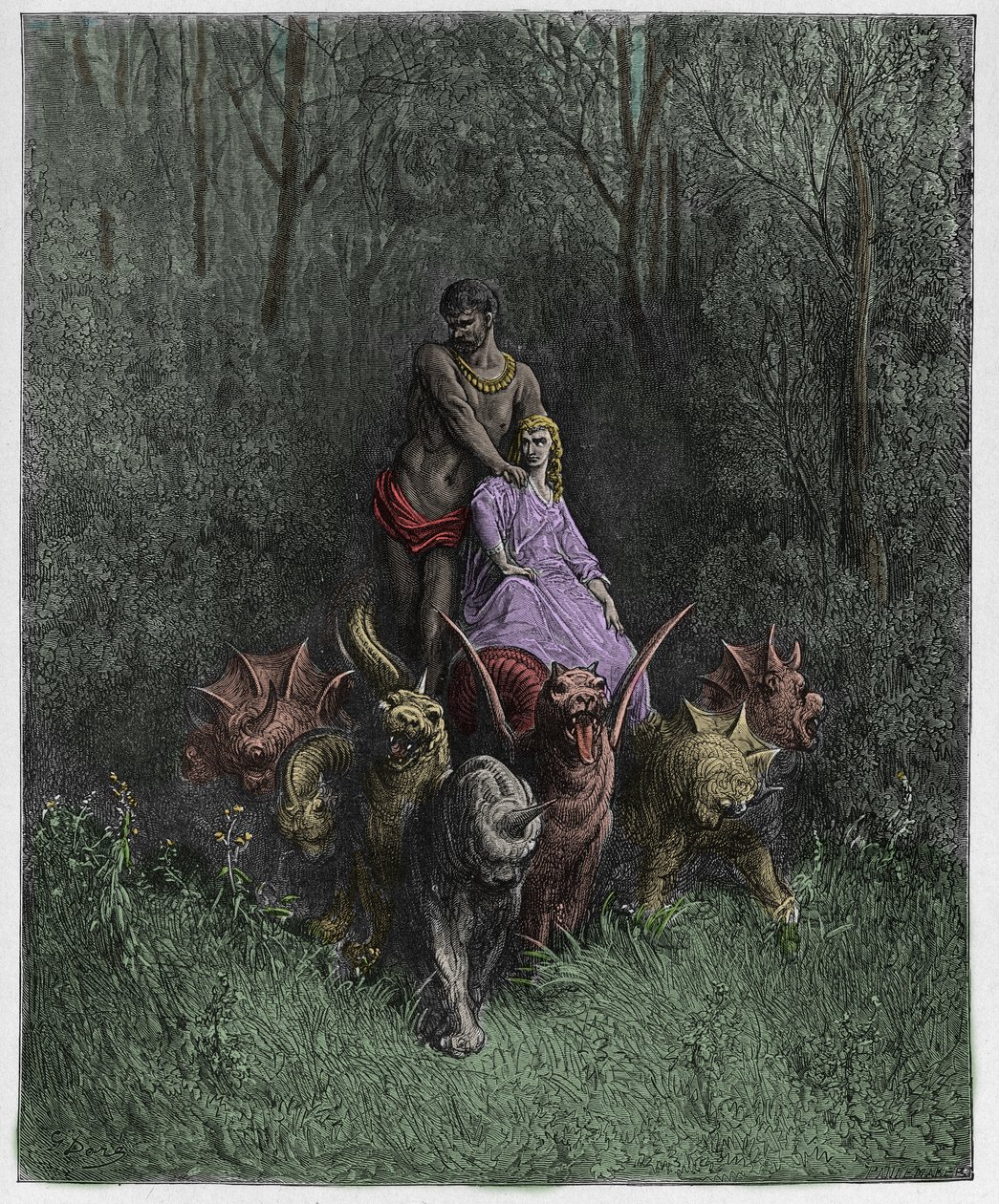 Purgatório, Canto 32: O gigante e a prostituta na carruagem, ilustração da Divina Comédia de Dante Alighieri, 1885 (gravura digital colorida) de Gustave after Dore