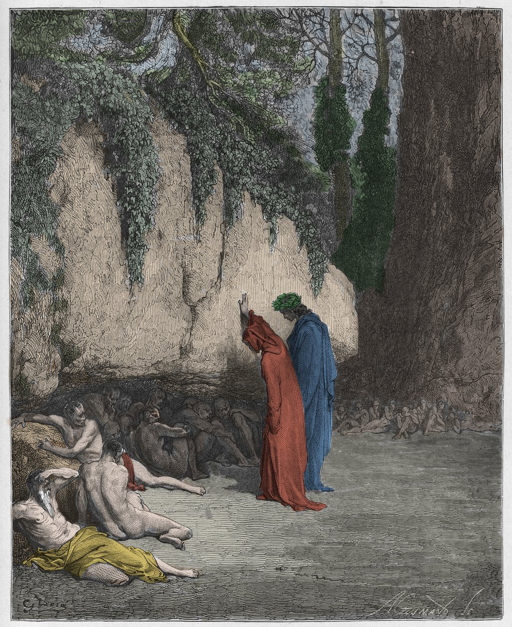 Purgatorio, Canto 4: As almas indolentes ao lado da rocha, ilustração da Divina Comédia de Dante Alighieri, 1885 (gravura digital colorida) de Gustave after Dore