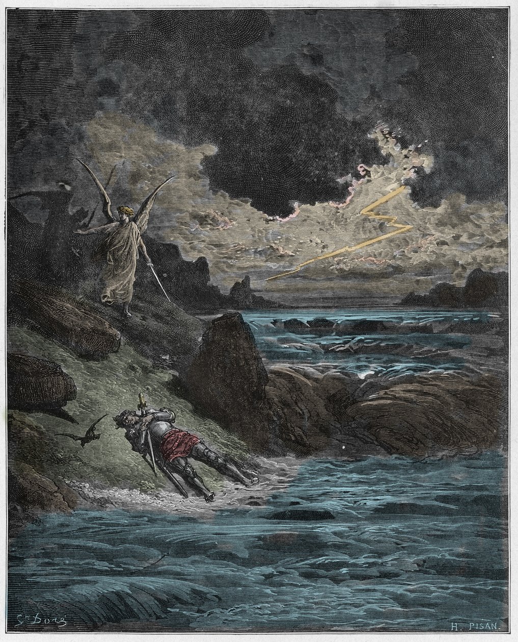 Purgatorio, Canto 5: O corpo de Buonconte (Bonconte) da Montefeltro no Arno, ilustração da Divina Comédia de Dante Alighieri, 1885 (gravura digital colorida) de Gustave after Dore