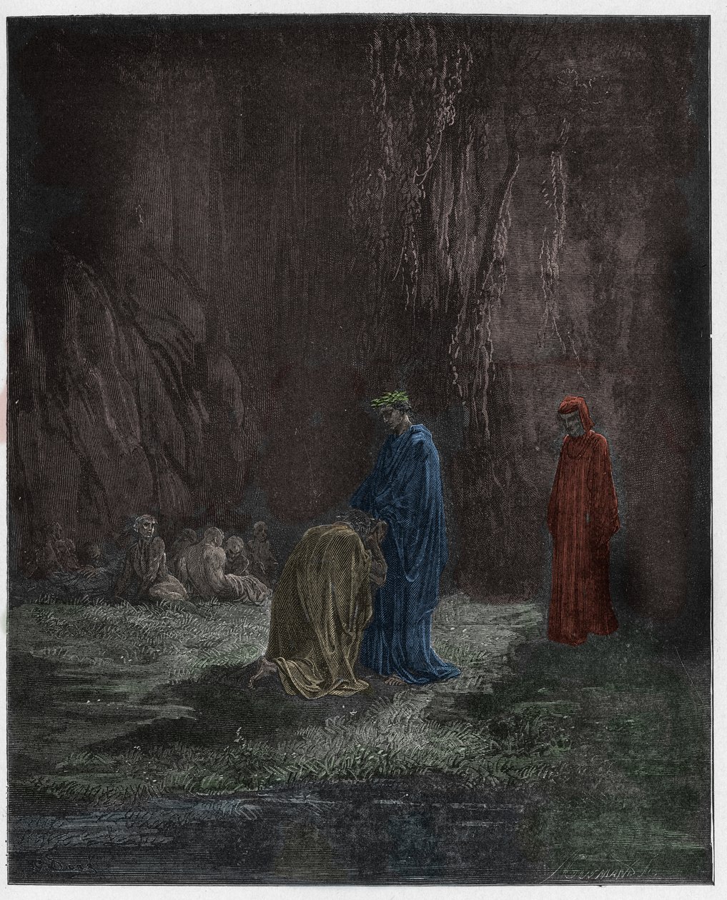 Purgatorio, Canto 7: O poeta Sordello, surpreendido, se ajoelha diante de Virgílio, ilustração da Divina Comédia de Dante Alighieri, 1885 (gravura digital colorida) de Gustave after Dore