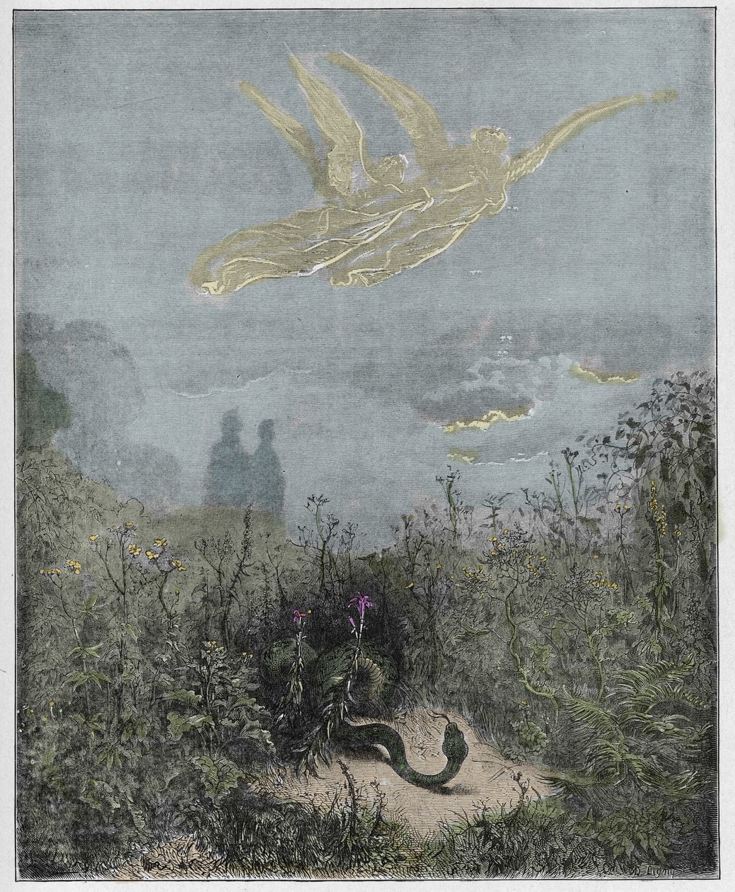 Purgatorio, Canto 8: Os anjos afastam a serpente, ilustração da Divina Comédia de Dante Alighieri, 1885 (gravura digital colorida) de Gustave after Dore