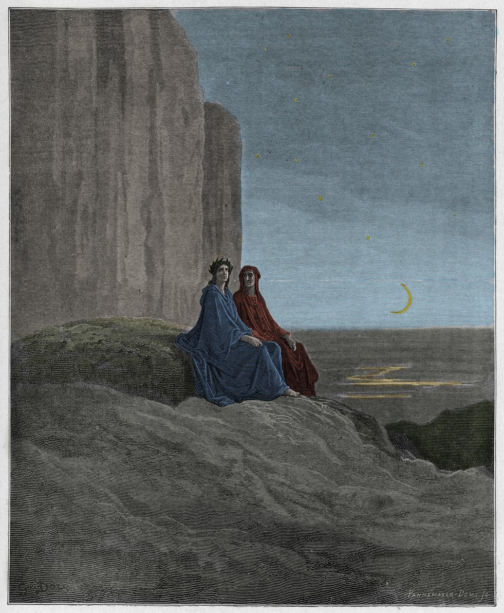 Purgatório, Canto 9: Crepúsculo, ilustração da Divina Comédia de Dante Alighieri, 1885 (gravura digital colorida) de Gustave after Dore