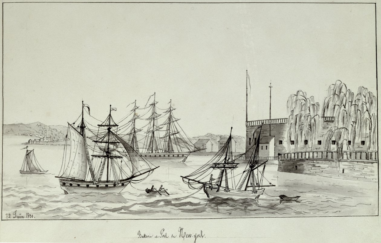 A Bateria e Porto de Nova York, 1831 (caneta e tinta no papel) de Gustave de Beaumont