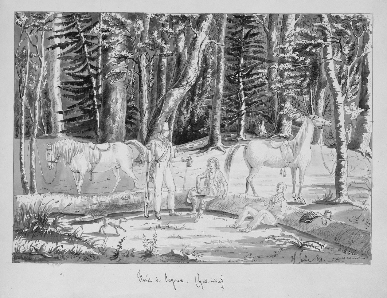Viajantes com um Guia Indiano na Floresta de Saginaw, 1831 (caneta e tinta sobre papel) de Gustave de Beaumont