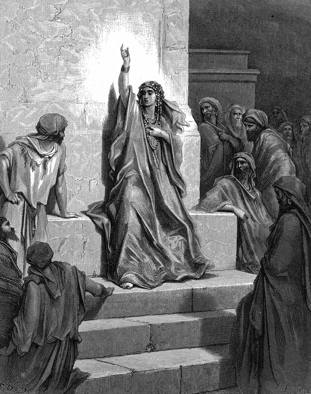 Deborah, profetisa hebraica que libertou seu povo de Jabin, rei de Canaã, e seu general Sisera, cantando seu canto de triunfo. Juízes 5:1. Século 13 AC. Da Bíblia ilustrada de Gustave Dore, de 1866. Gravura em madeira. de Gustave (after) Dore