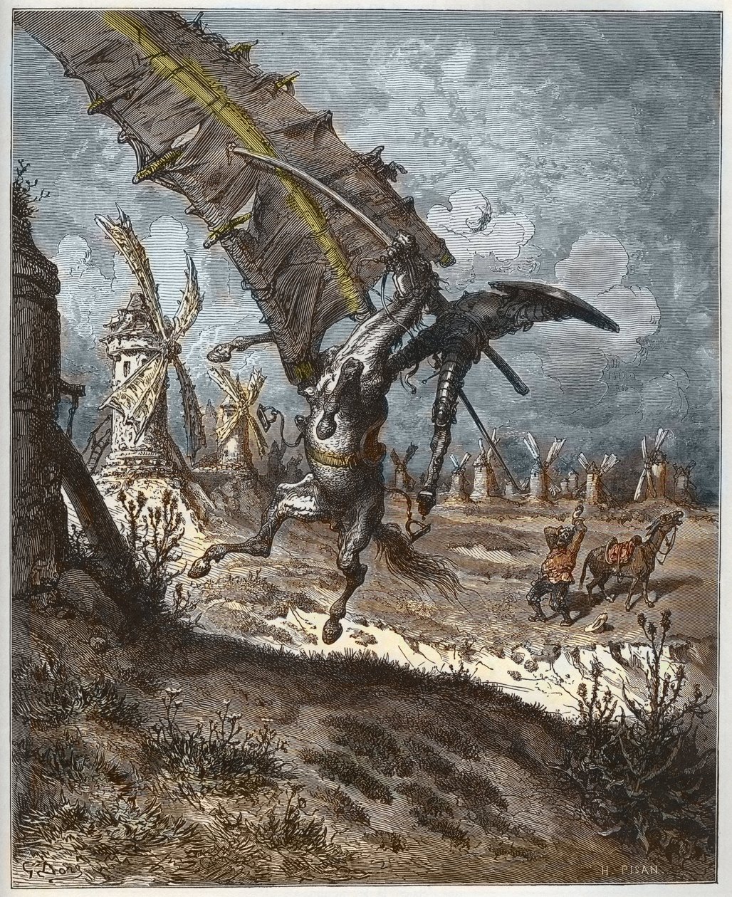 Dom Quixote e os moinhos de vento de "Dom Quixote de la Mancha" de Miguel Cervantes (1547-1616) (Dom Quixote) - gravada por Heliodore Joseph Pisan (1822-90) após desenho de Gustave Dore de Gustave (after) Dore