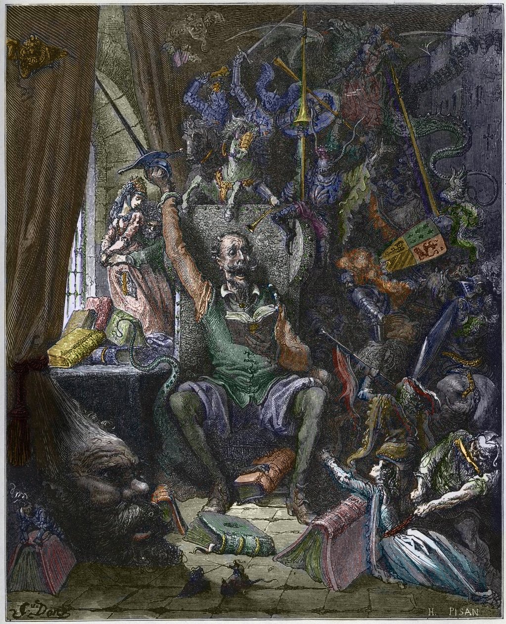 Dom Quixote no seu estudo rodeado pelos fantasmas dos seus devaneios - Dom Quixote de la Mancha 