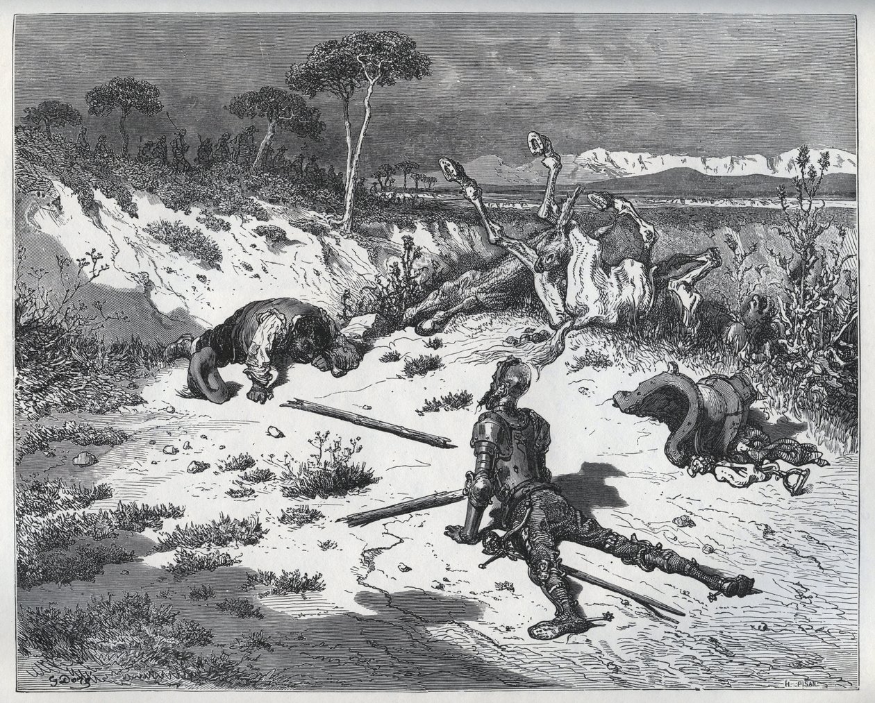 Moralising on Ingratitude de Dom Quixote - de "Dom Quixote de la Mancha" de Miguel Cervantes (1547-1616) (Dom Quixote) - Lenhador após desenho de Gustave Dore de Gustave (after) Dore