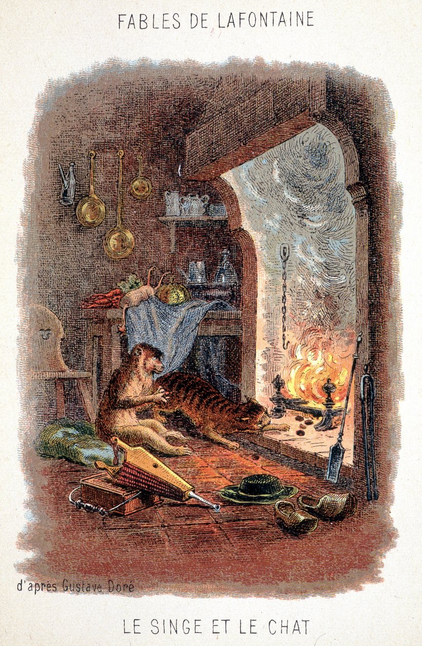Fables de La Fontaine: O macaco e o gato, depois de Gustave Doré. de Gustave (after) Dore