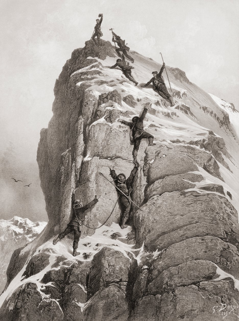 Primeira subida do Matterhorn (gravura) de Gustave (after) Dore