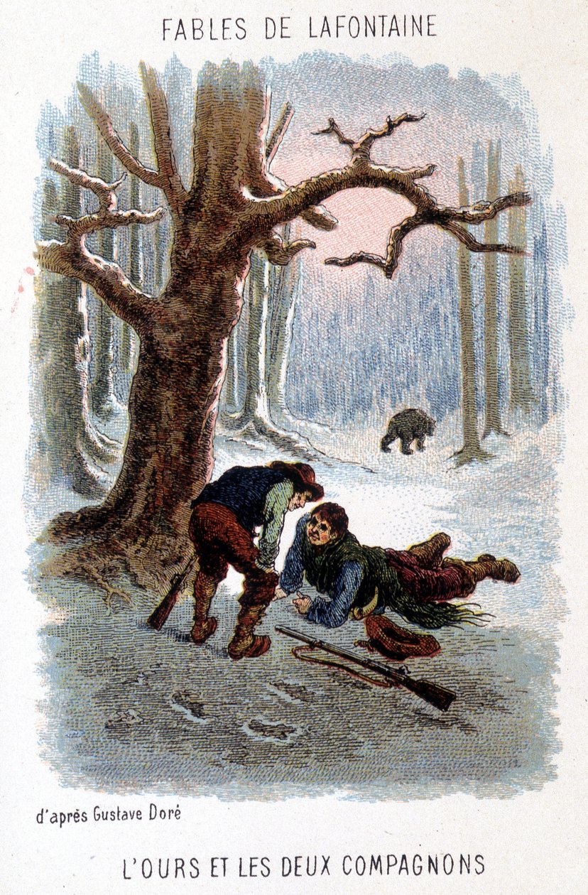 Ilustração de "O urso e os dois companheiros", fábula de La Fontaine, baseada em um desenho de Gustave Doré. de Gustave (after) Dore