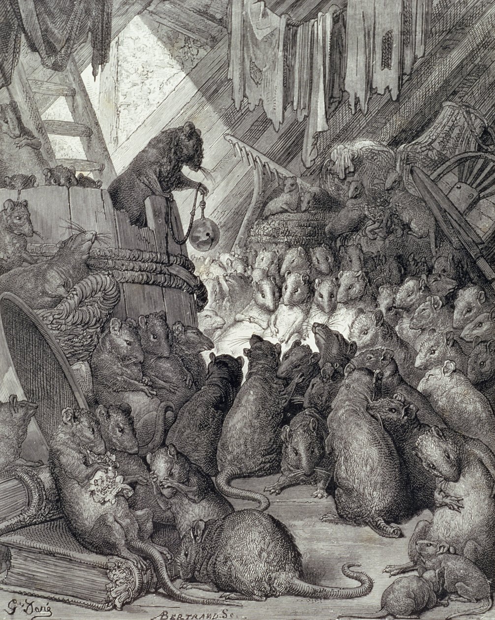O Conselho Detido pelos Ratos, das Fábulas de La Fontaine, gravado por Antoine Valerie Bertrand (b.1823) c.1868 (gravura) de Gustave (after) Dore