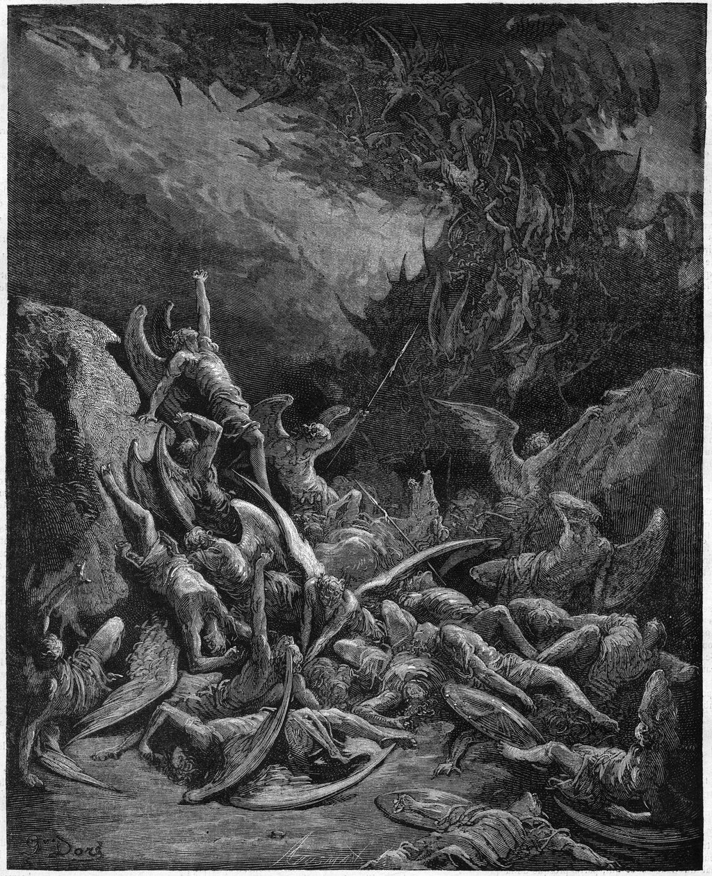 O paraíso perdido: os anjos caídos. Do desenho de Gustave Dore ilustrando "Paradise Lost" de John Milton (1608-1674) poeta inglês. Gravura de 1867. Coleção Particular de Gustave (after) Dore
