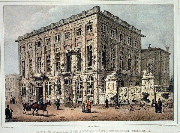 O Café Amitie e o Antigo Hotel du Prince Frederic, Bruxelas, após a Luta de 23-26 de Setembro de 1830, gravado por Jean Baptiste Madou (1796-1877) (gravura a cores) de Gustave Adolphe (after) Simoneau