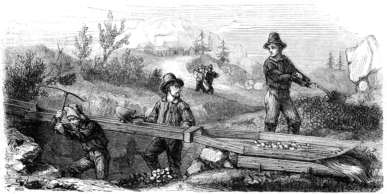 Mineiros franceses trabalhando em uma comporta de tom longo, Califórnia, século XIX. de Gustave Adolphe Chassevent Bacques