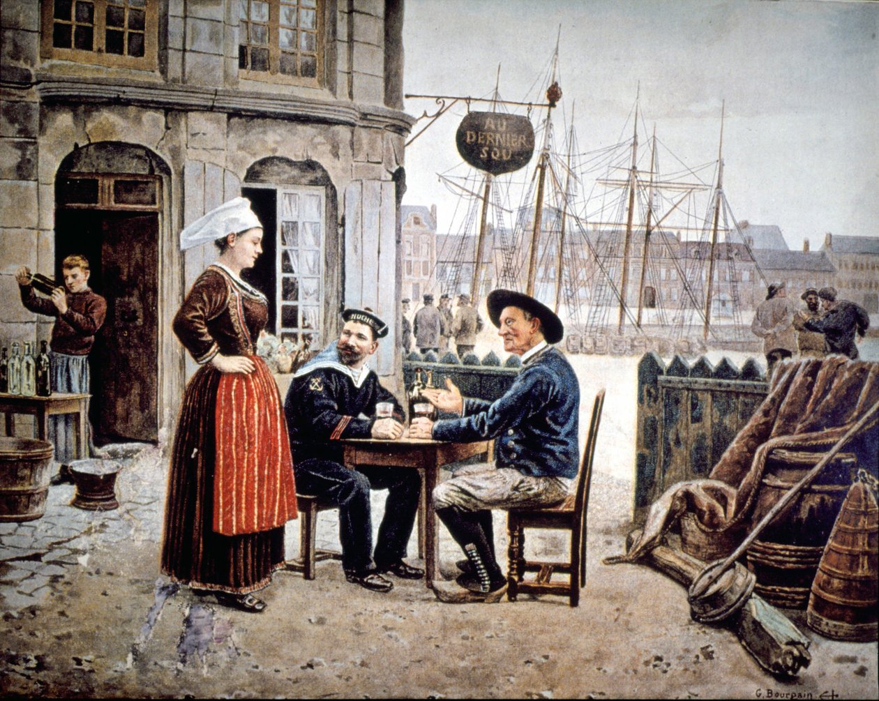2 homens (um marinheiro e um pescador bretão) em um bar conversando com uma garçonete bretã, Saint Malo de Gustave Bourgain