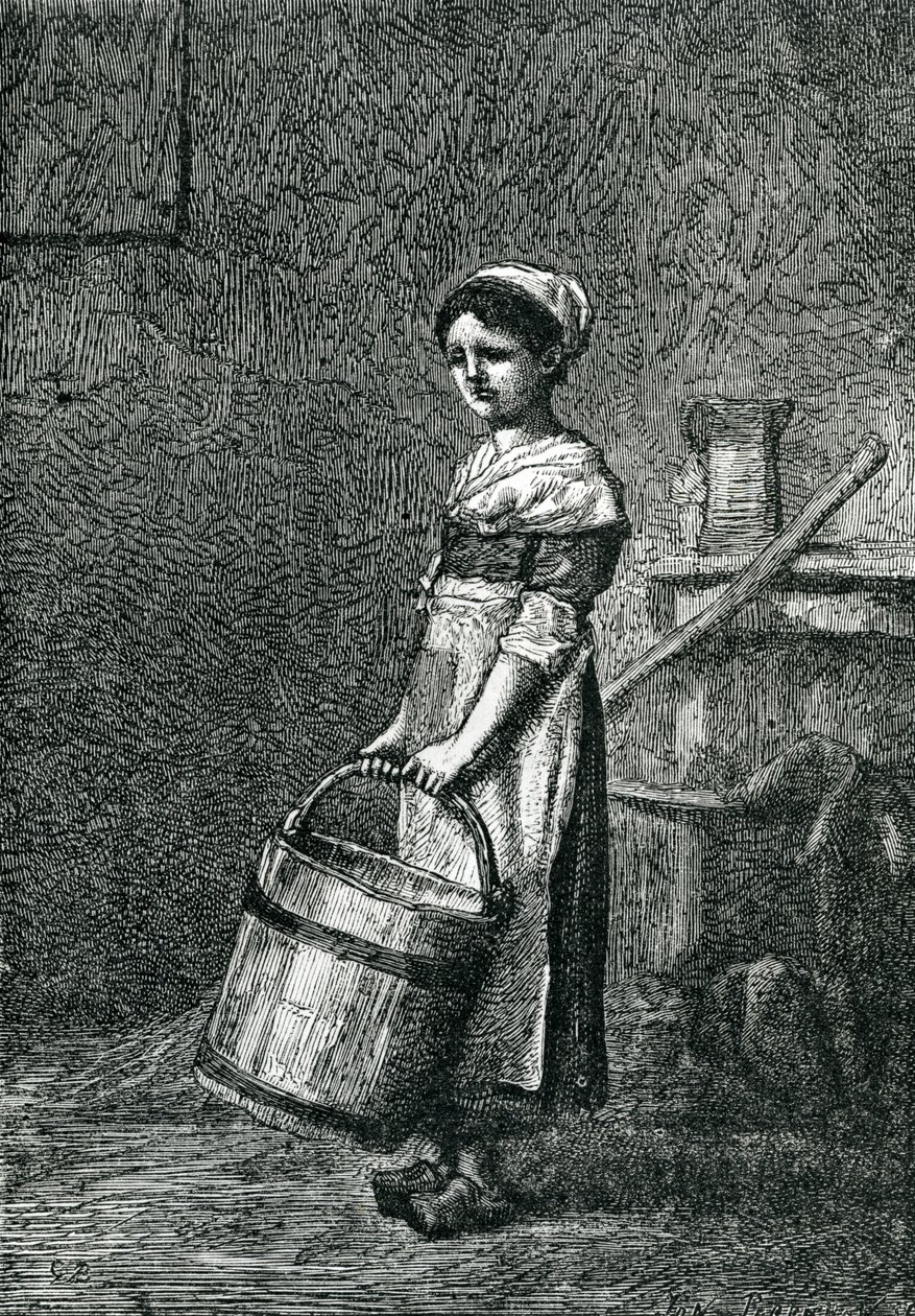 Cosette carregando um balde, ilustração de &39;Les Miserables&39; por Victor Hugo de Gustave Brion