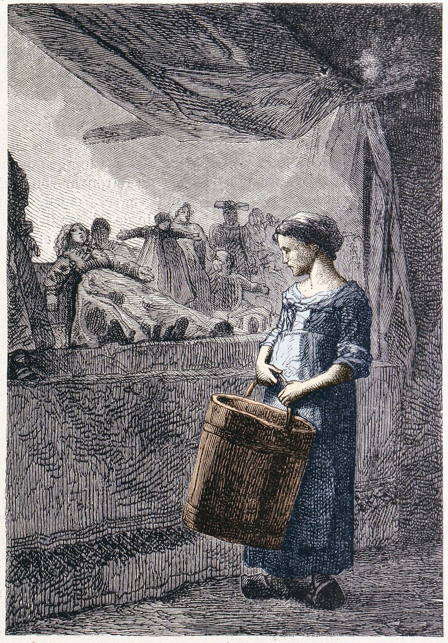 Cosette em frente à loja de brinquedos - em "Les Misérables" de Victor Hugo, doente. por Brion, ed. Hetzel e Lacroix de Gustave Brion