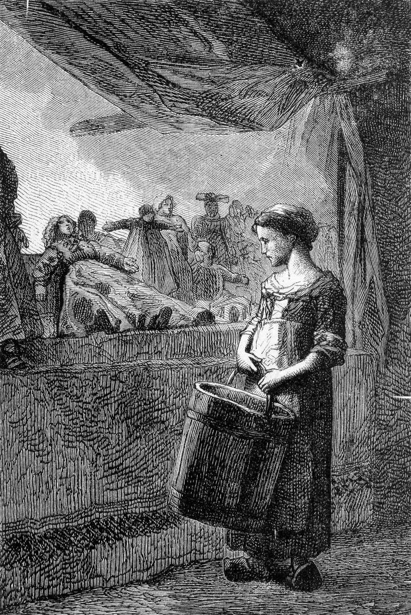 Cosette em frente à loja de brinquedos - em "Les Misérables" de Victor Hugo, doente. de Brion, ed. Hetzel e Lacroix de Gustave Brion