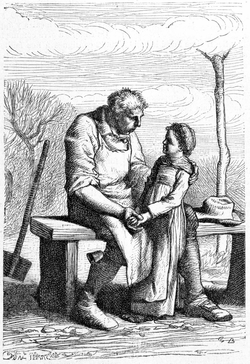 Cosette et Jean Valjean - em "Les Miserables" de Victor Hugo, doente. por Brion, ed. Hetzel e Lacroix de Gustave Brion