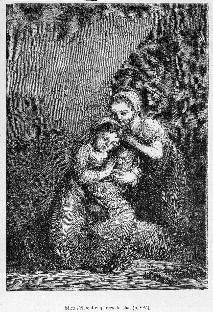 Cosette e sua amiga e o gato - em "Les Misérables" de Victor Hugo, doente. por Brion, ed. Hetzel e Lacroix de Gustave Brion