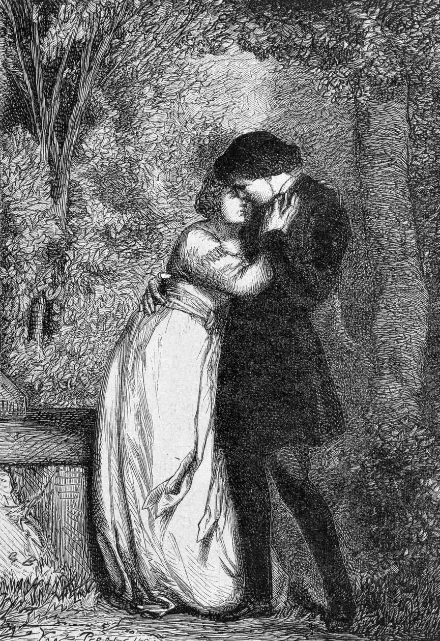 Cosette et son noivo Marius - em "Les Miserables" de Victor Hugo, doente. por Brion, ed. Hetzel e Lacroix de Gustave Brion