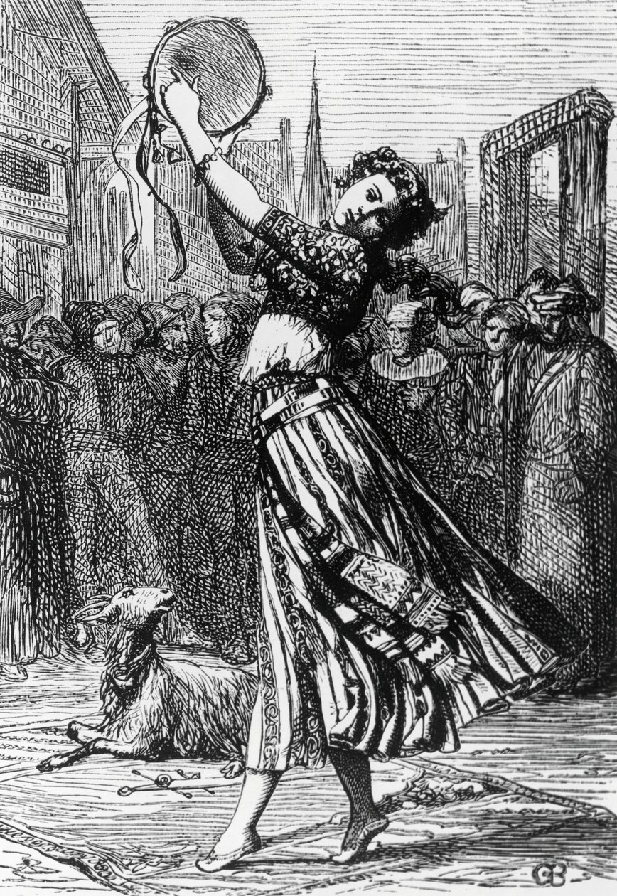 Esmeralda com sua cabra Djali, ilustração para Corcunda de Notre-Dame, romance de Victor Hugo (1802-1885), gravura após desenho de Gustave Brion (1824-1877), publicado por Hetzel, Paris de Gustave Brion