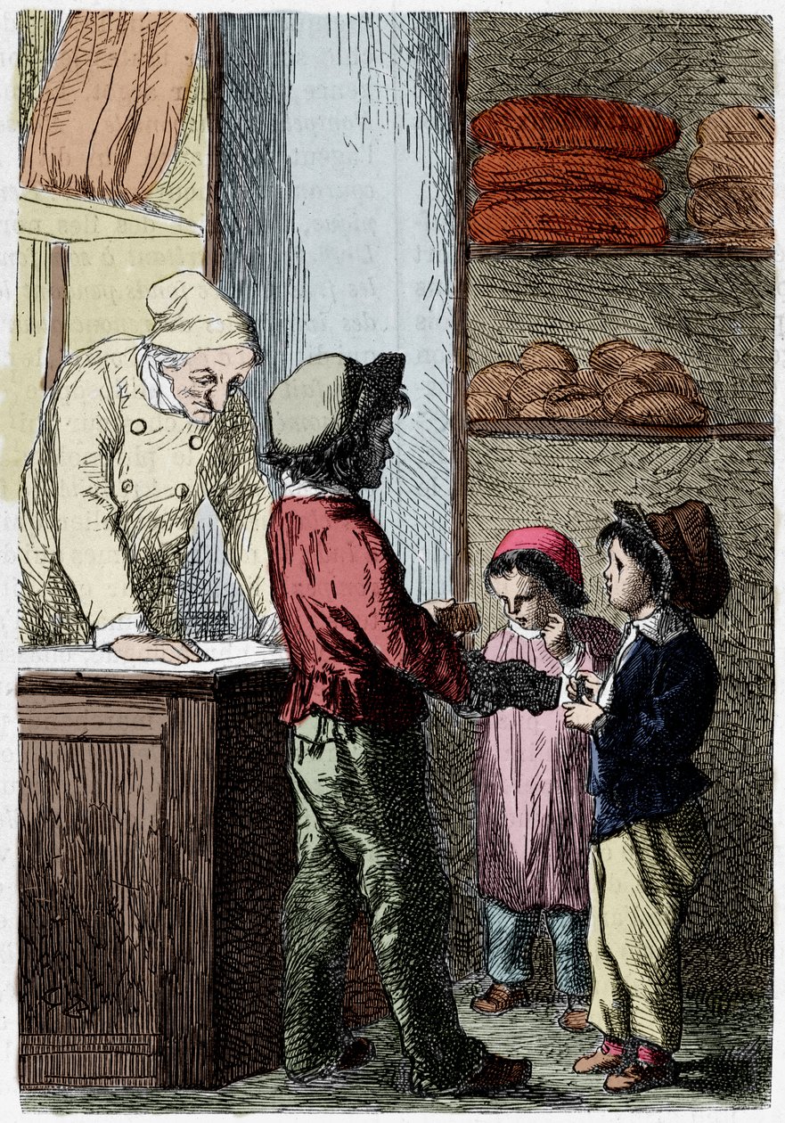 Gavroche dá pão às crianças - em "Les Miserables" de Victor Hugo, doente. por Brion, ed. Hetzel e Lacroix de Gustave Brion