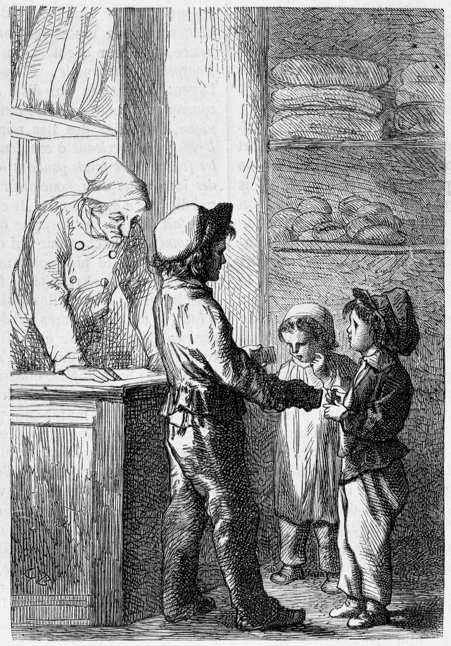 Gavroche dá pão às crianças - em "Les Miserables" de Victor Hugo, doente. por Brion, ed. Hetzel e Lacroix de Gustave Brion