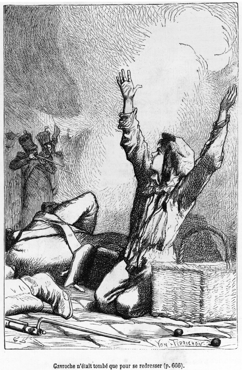 Gavroche tinha caído apenas para subir novamente, ilustração de "Les Miserables" por Victor Hugo (1802-85) gravada por Jules Leon Perrichon (1836-97) de Gustave Brion