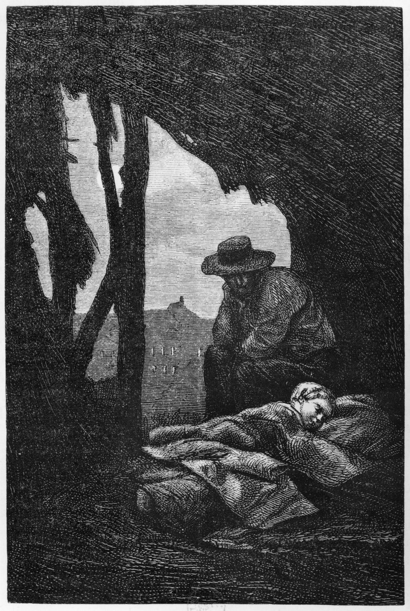 Jean Valjean observando Cosette dormindo, ilustração de &39;Les Miserables&39; de Victor Hugo de Gustave Brion