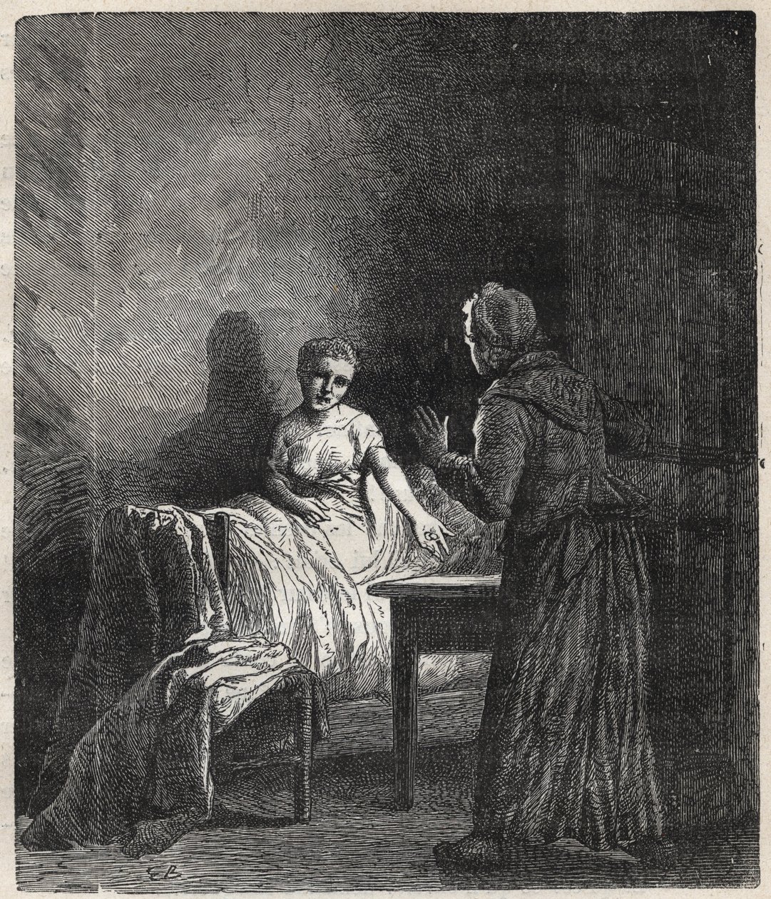 Marguerite entra no quarto de Fantine e Fantine mostra-lhe dois Napoleões (moeda) que podem salvar Cosette, sua filha - Ilustração de Gustave Brion (1824-1877) para "The Miserables - First part": Fantine" de Victor Hugo (1802-1885) 1862 de Gustave Brion