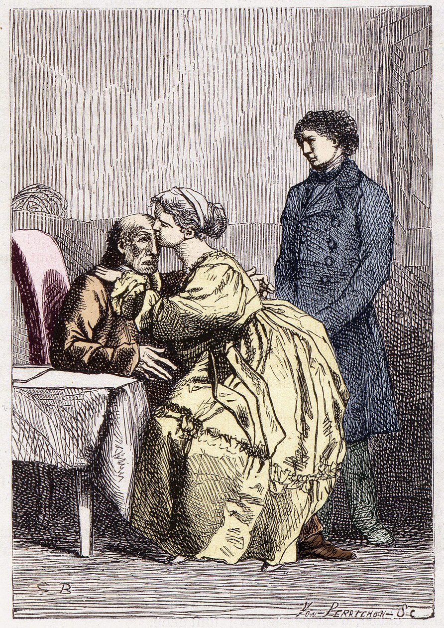 Marius e Cosette visitam Jean Valjean doente - em "Les Misérables" de Victor Hugo, doente. de Brion, ed. Hetzel e Lacroix de Gustave Brion