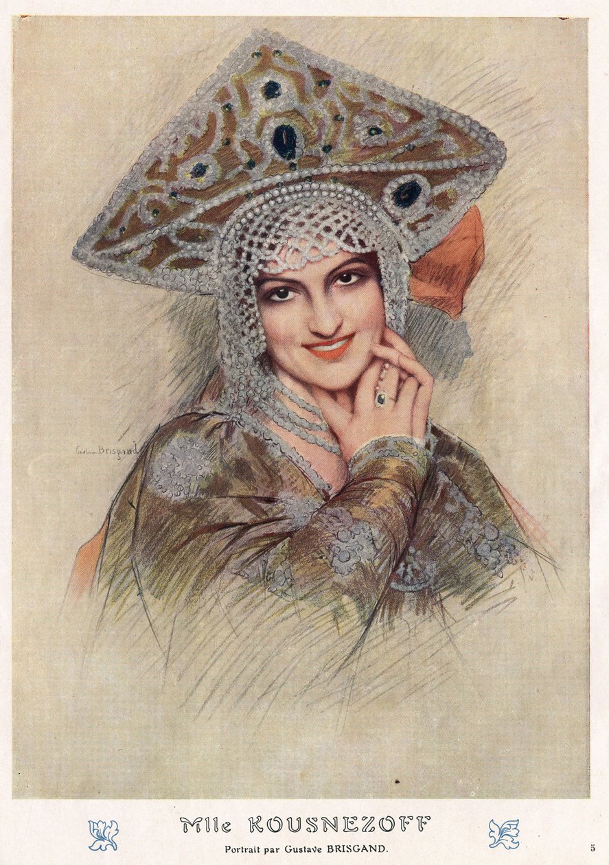 Retrato de Maria Nikolaievna Kuznetsova (Maria Kuznetsova) (1880-1966), famosa cantora e bailarina do Império Russo do século XX e ópera soviética em "Fantasio" no início do século XX (desenho) de Gustave Brisgand