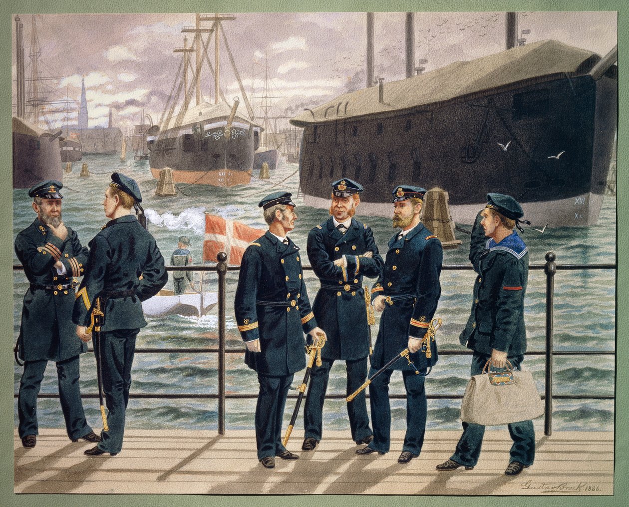 Oficiais e tropas da Marinha dinamarquesa. Aguarela de Gustav Brock de Gustave Brock