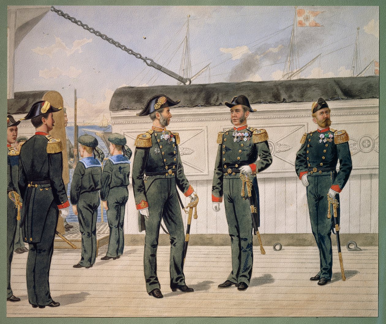 Oficiais da Marinha Dinamarquesa em uniforme de gala. Aquarela de Gustav Brock de Gustave Brock