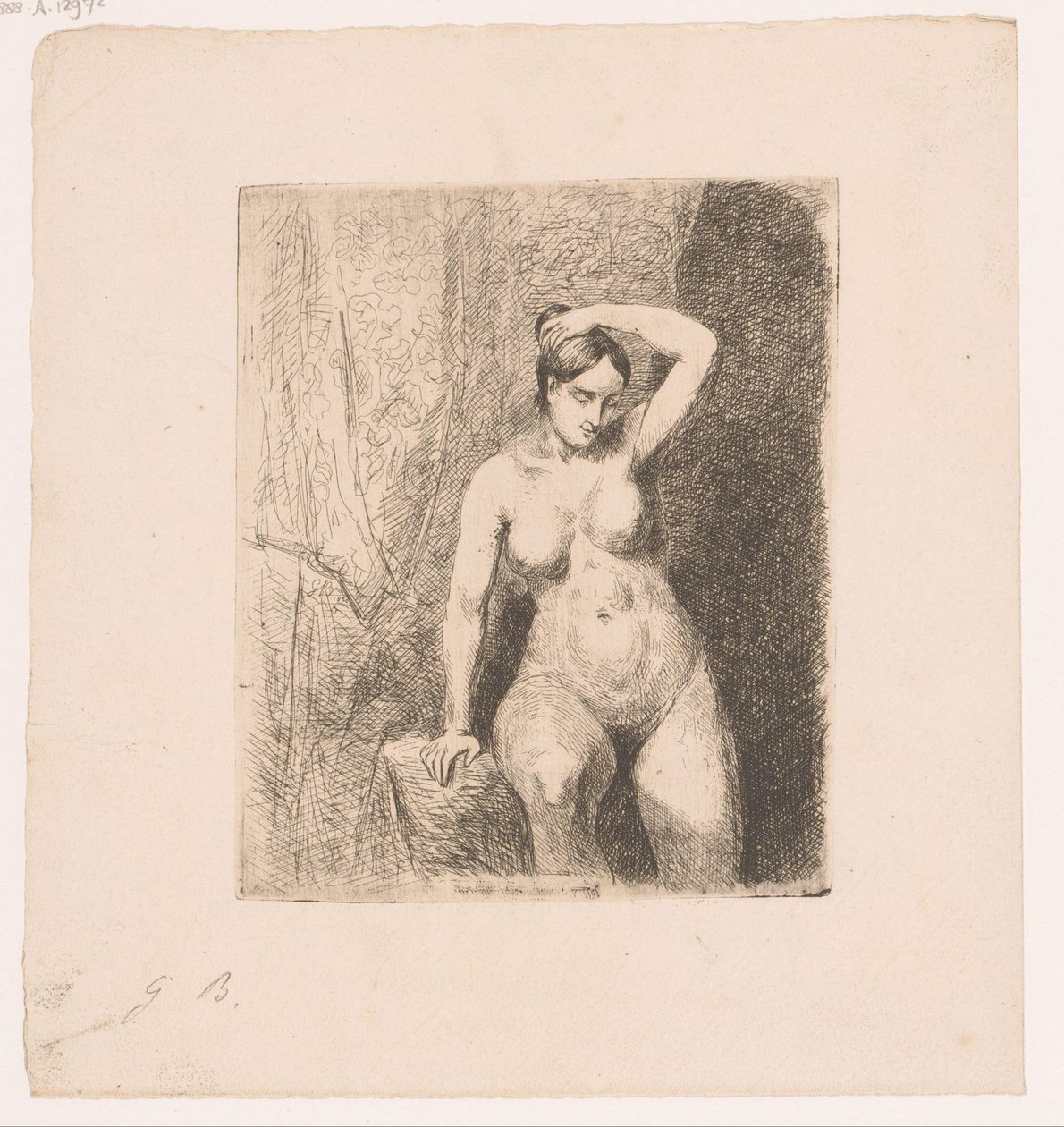 Mulher nua sentada segurando seu coque de Gustave Buschmann