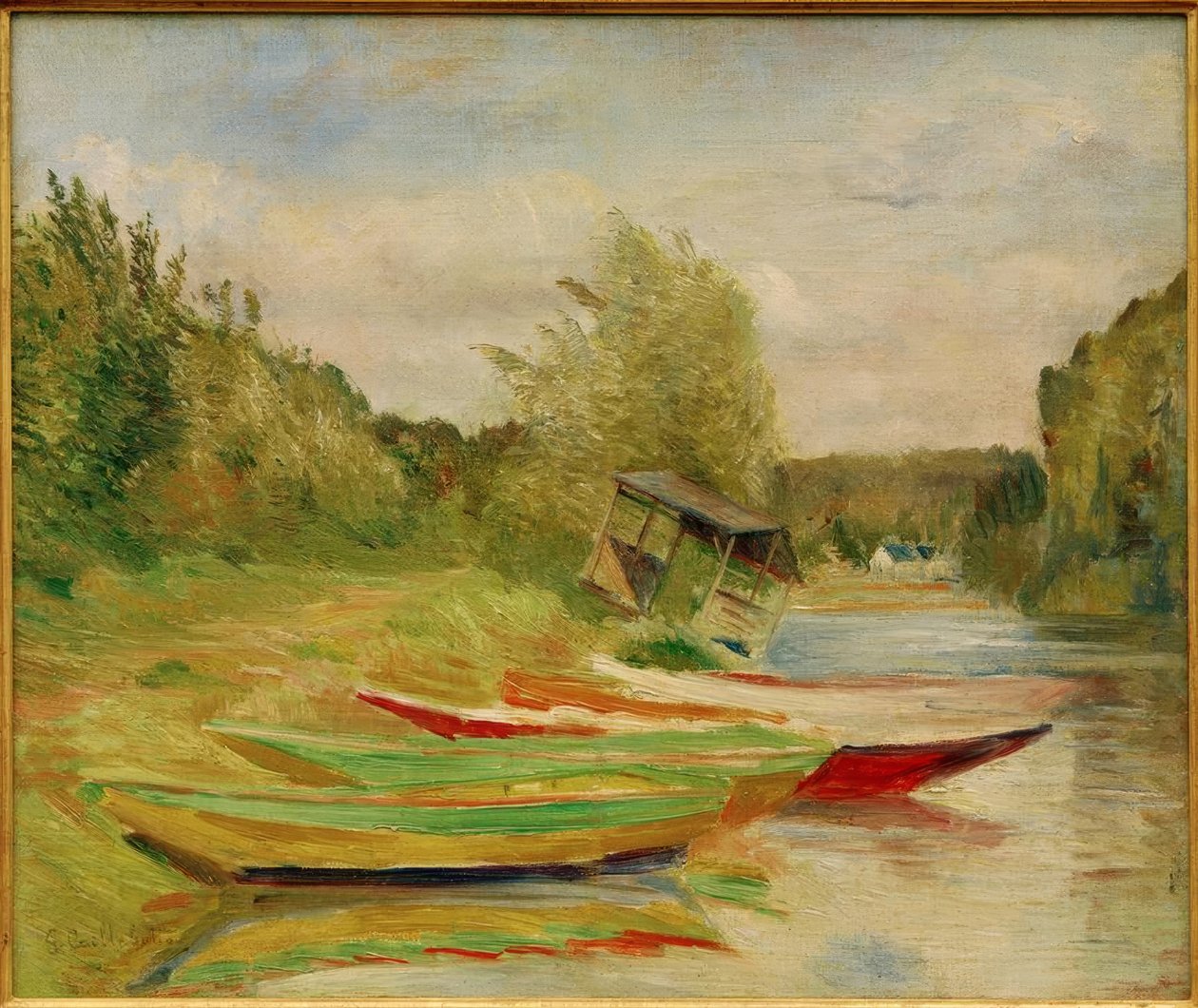 Barcos e cabana, beira do Sena de Gustave Caillebotte