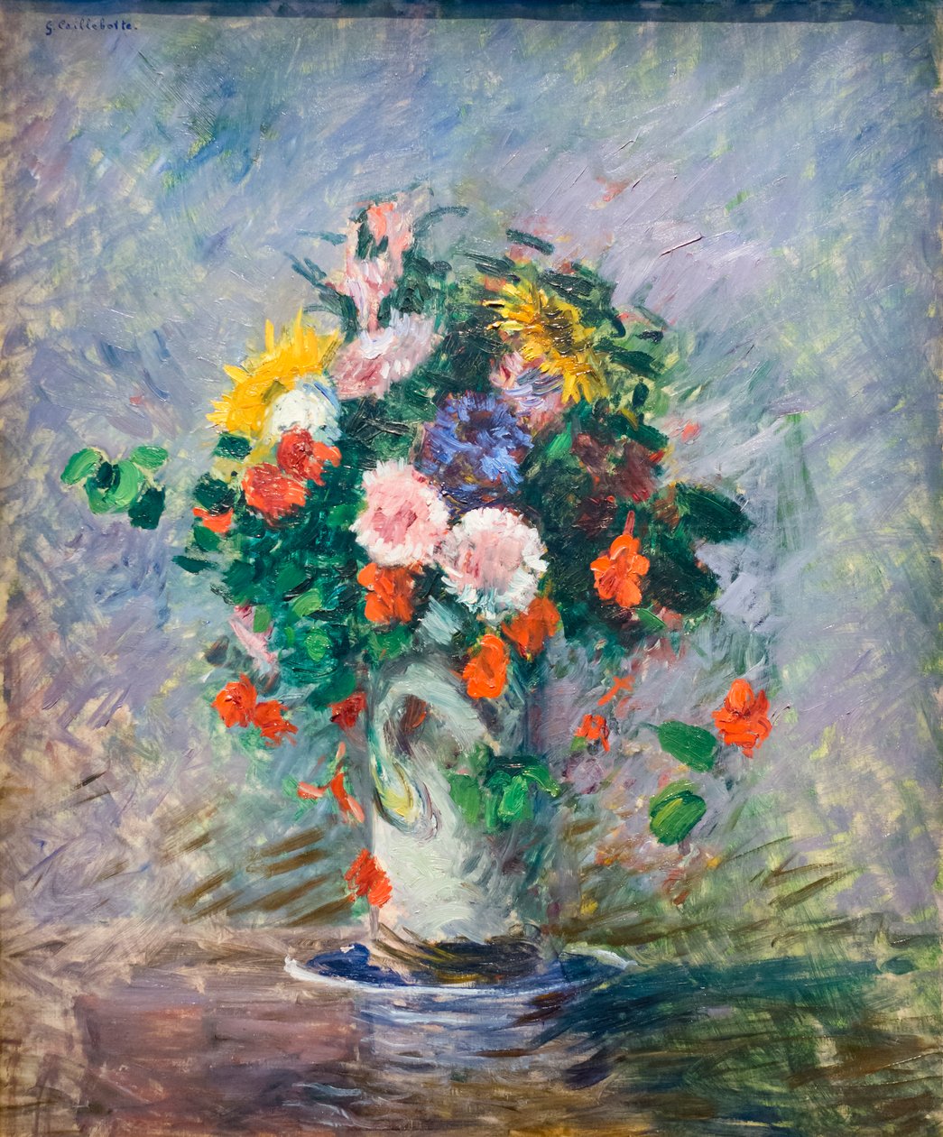 Bouquet de asas chinesas, nastúricos e girassóis num vaso, c. 1887 (óleo sobre tela) de Gustave Caillebotte