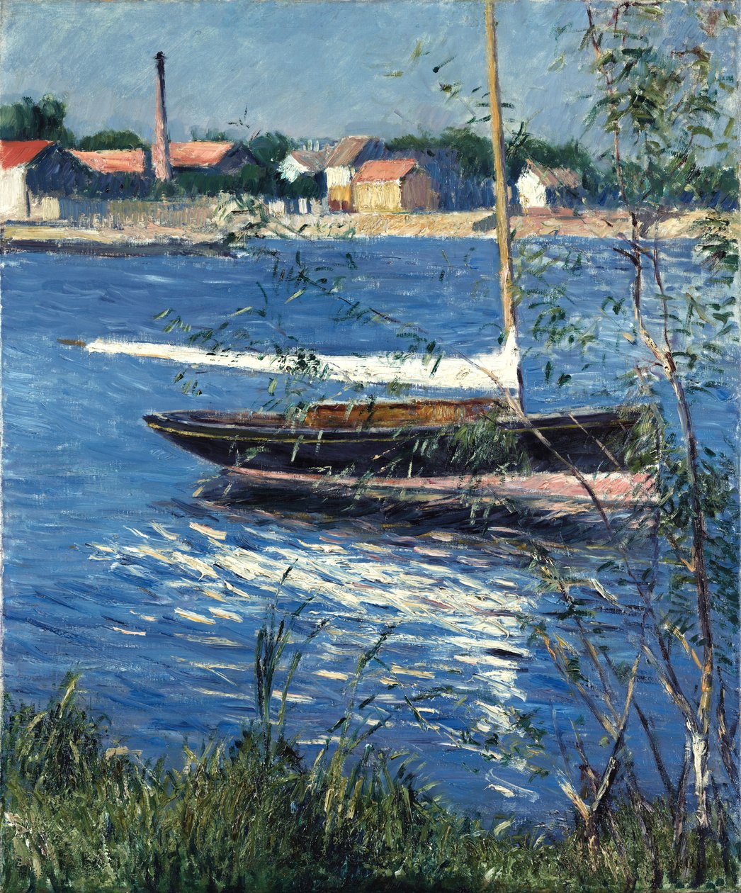 Francês: Bateau au mouillage sur la Seine à Argenteuil Barco atracado no Sena em Argenteuil de Gustave Caillebotte