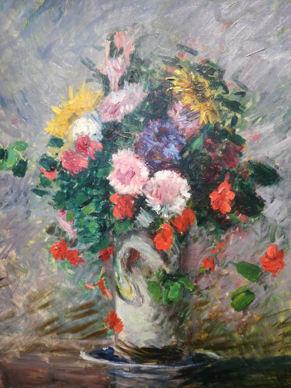 Francês: Bouquet de marguerites, capucines et soleils dans un vase
Alemão: Bouquet de marguerites, nasturtiums e sunflowers num vaso de Gustave Caillebotte