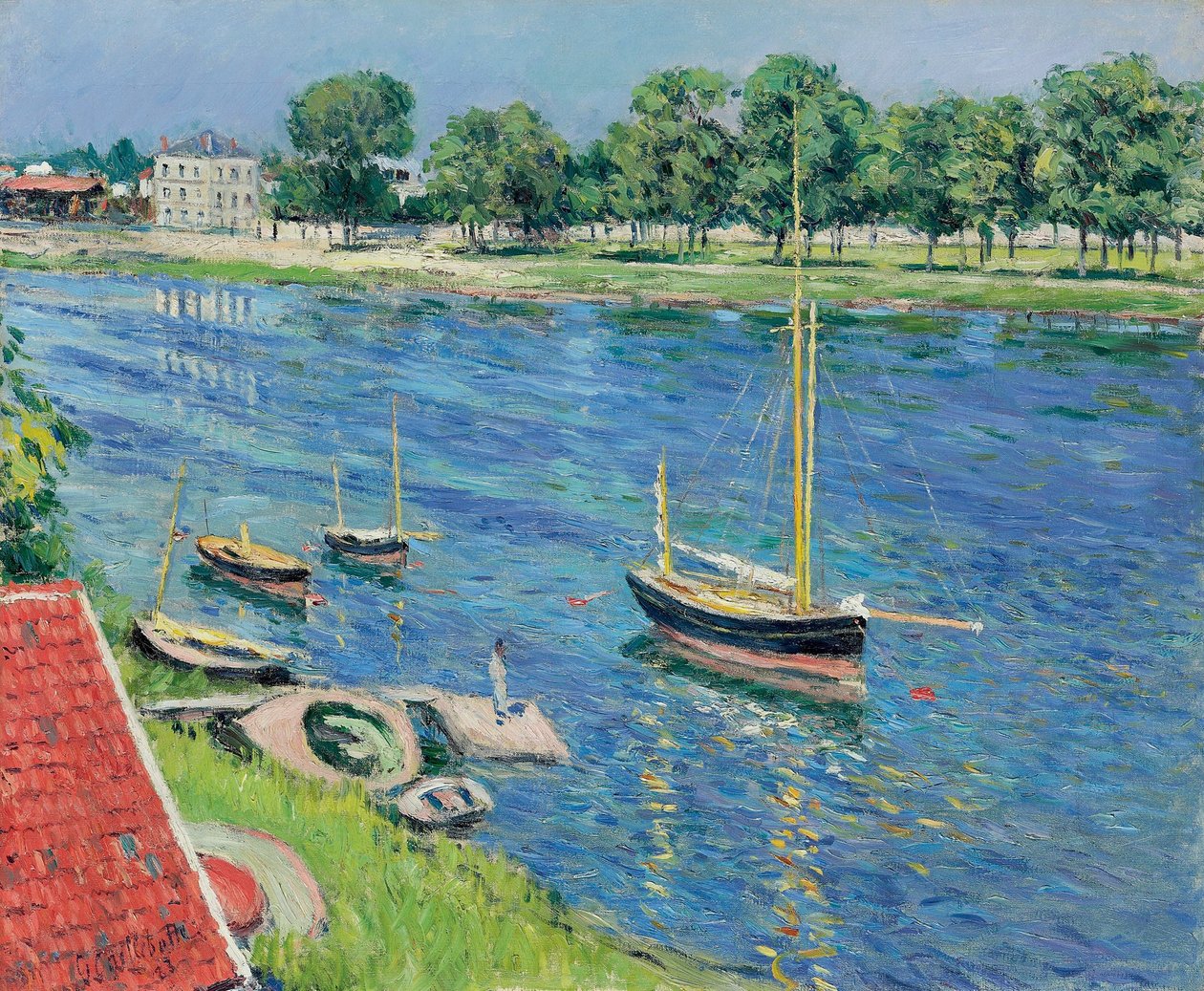 O Sena em Argenteuil, barcos ancorados de Gustave Caillebotte