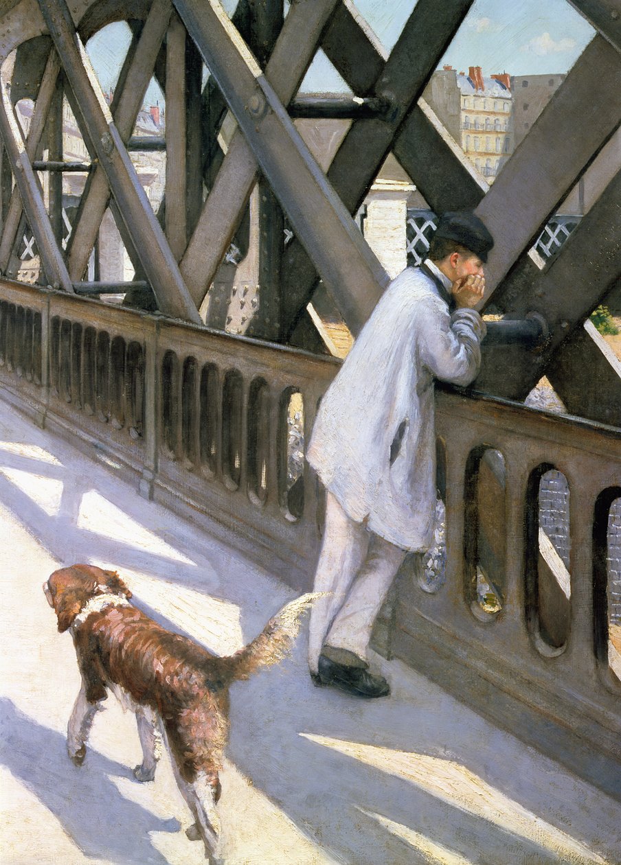 Le Pont de LEurope: detalhe de um homem de descanso e um cão, detalhe de 1876 de 50110 de Gustave Caillebotte