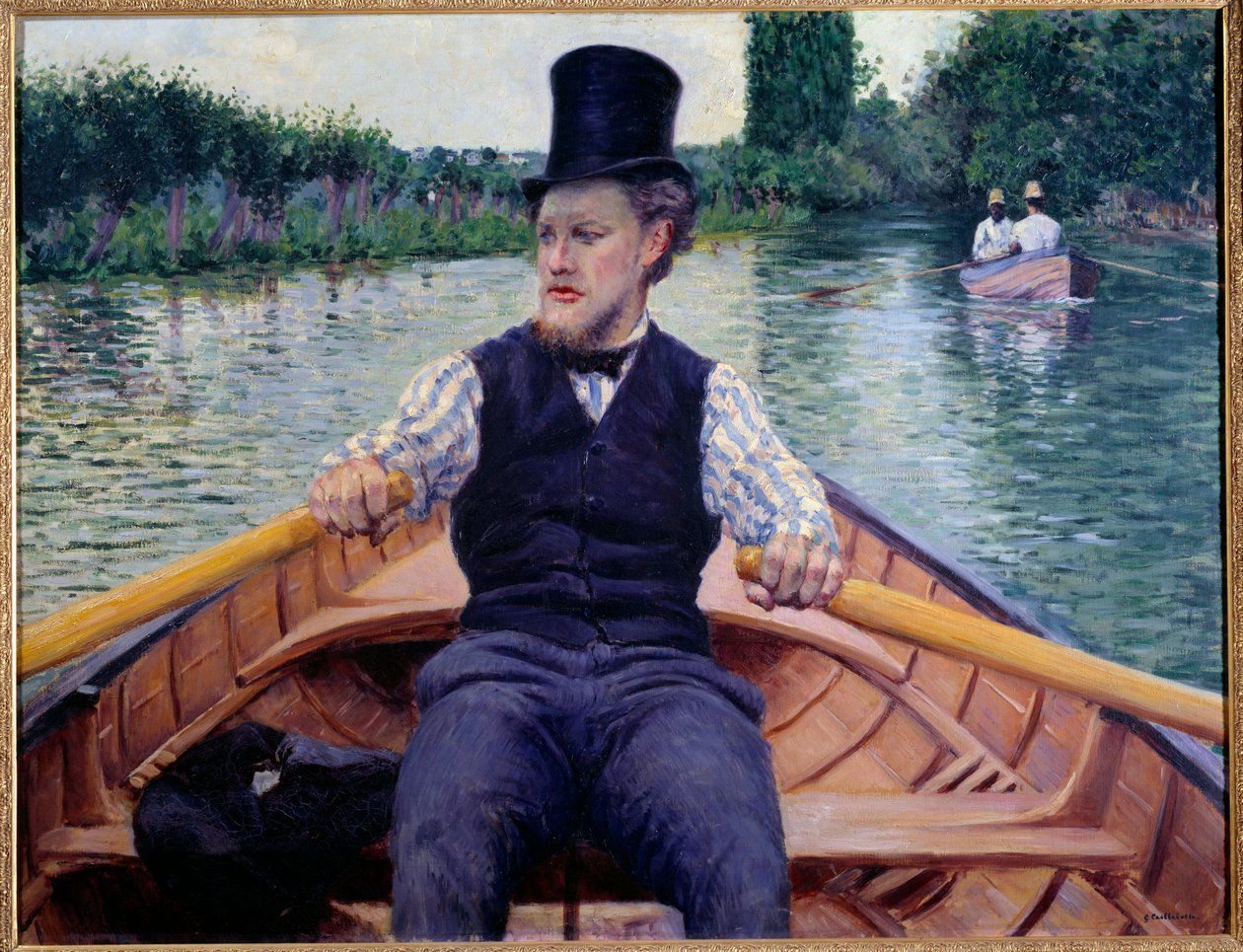 Parte do barco. Um homem com um chapéu alto a remar num barco. Pintura de Gustave Caillebotte (1848-1894) de Gustave Caillebotte