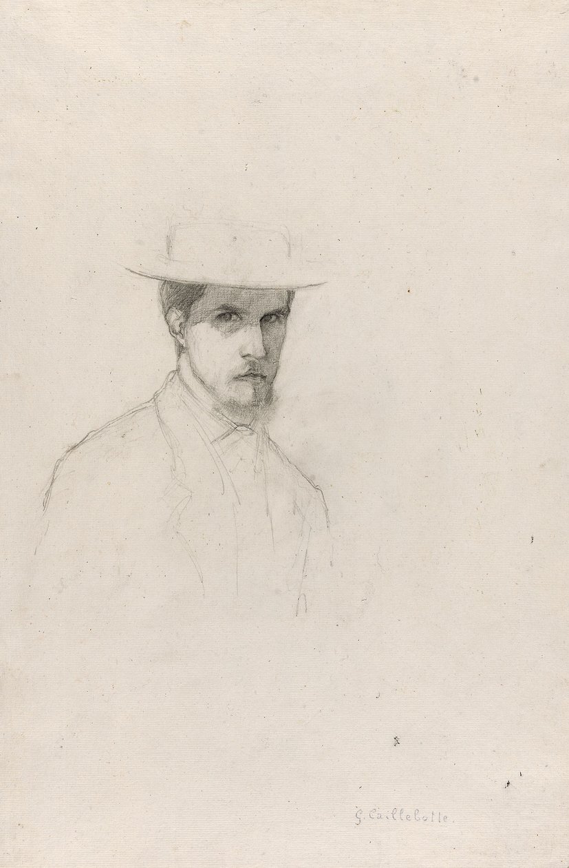 Autorretrato com chapéu, c.1879 (grafite sobre papel vegetal texturado) de Gustave Caillebotte