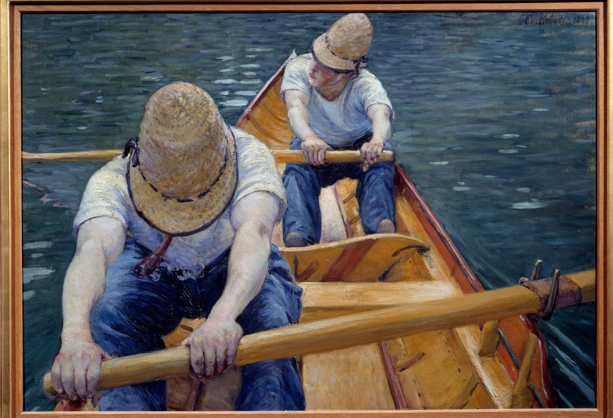 Os canoístas remando na Pintura Yerres de Gustave Caillebotte (1848-1894) 1877 Sun. 0,77x1,1 m Colecção privada - Os Barqueiros no Yerres. Pintura de Gustave Caillebotte (1848-1894) de Gustave Caillebotte