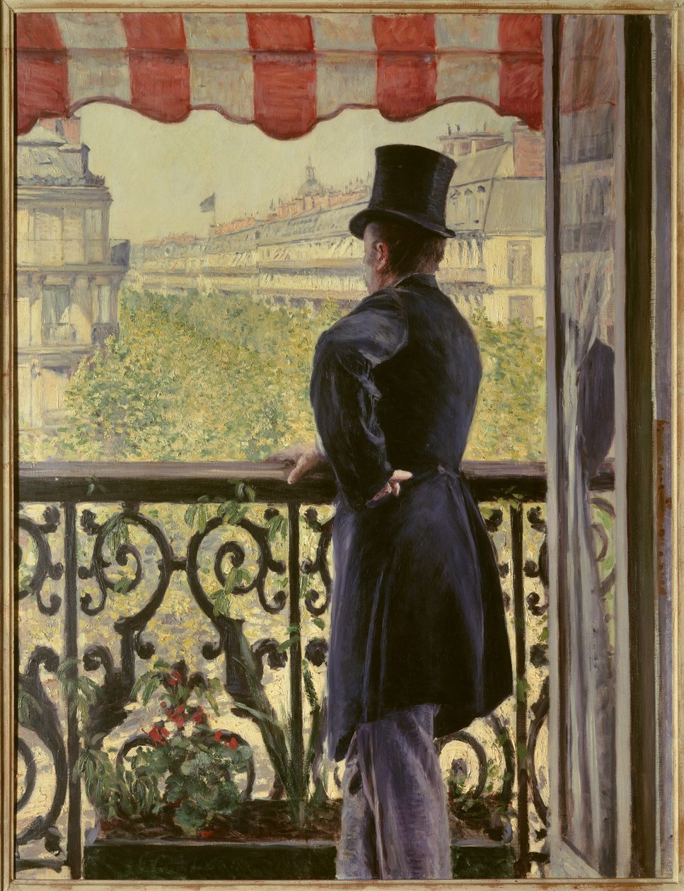 O homem na varanda Um homem elegante com uma cartola repousa sobre a grade de uma varanda nas grandes avenidas parisienses. Pintura de Gustave Caillebotte (1848-1894) 1880 Sol. 0,86 x 1,14 m. Coleção particular - O homem na varanda. Um homem esperto em top de Gustave Caillebotte