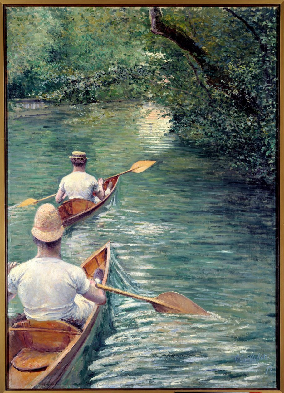 Os perissoires. Casal caminhando na água em perissários, tipo de caiaque (The Canoes). (Elemento de um conjunto decorativo: tríptico desenhado com La Peche a la Ligne e Les Baigneurs). Pintura de Gustave Caillebotte (1848-1894) de Gustave Caillebotte