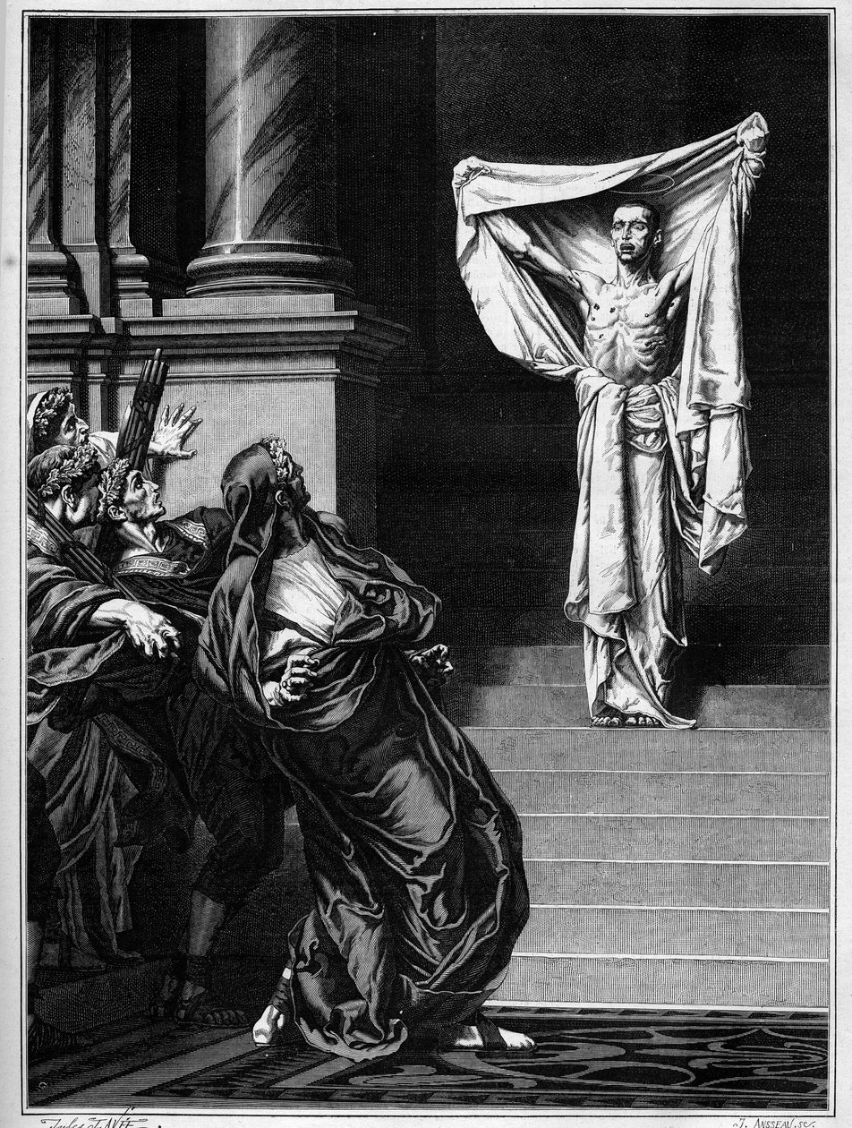 São Sebastião e o Imperador Romano Maximian Hércules (Marcus Aurelius Valerius Maximianus) (250 - 310). Gravura depois de uma pintura de Gustave Boulanger (1824-1888) apresentada no Salão de 1877. de Gustave Clarence Rodolphe Boulanger