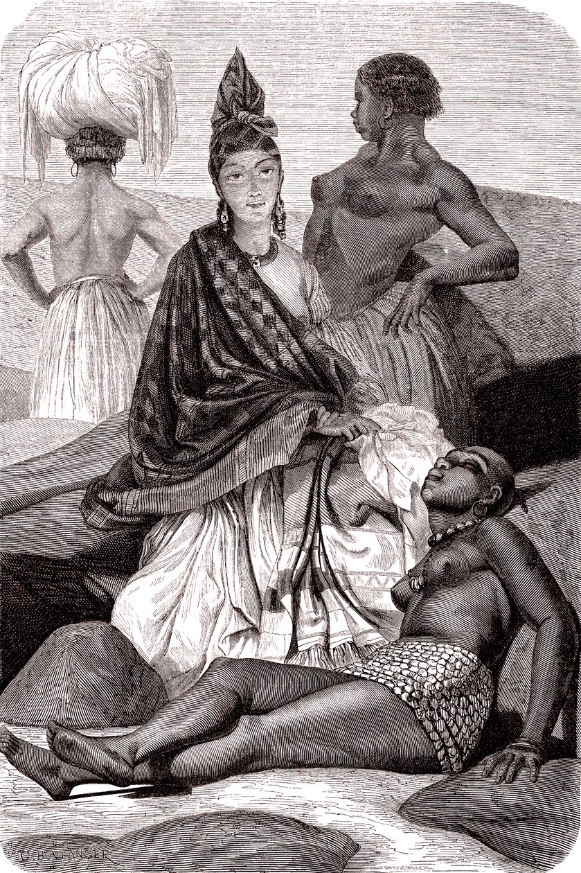 Signare , as mulheres africanas mulatas e francesas na ilha de Goree, Senegal. 1861 (gravura) de Gustave Clarence Rodolphe Boulanger